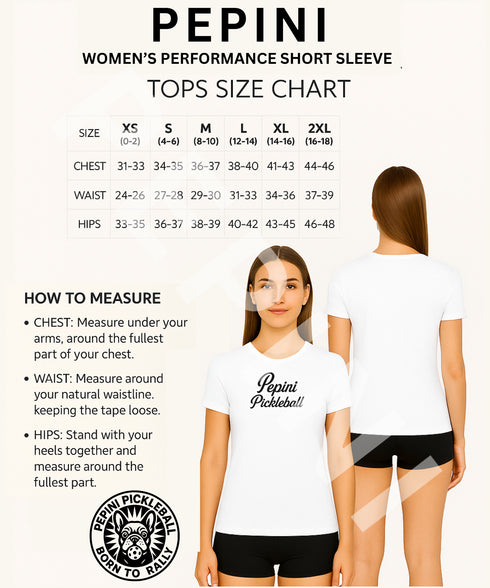 Pepini women's performance short sleeve tops size chart with a model wearing the top.
